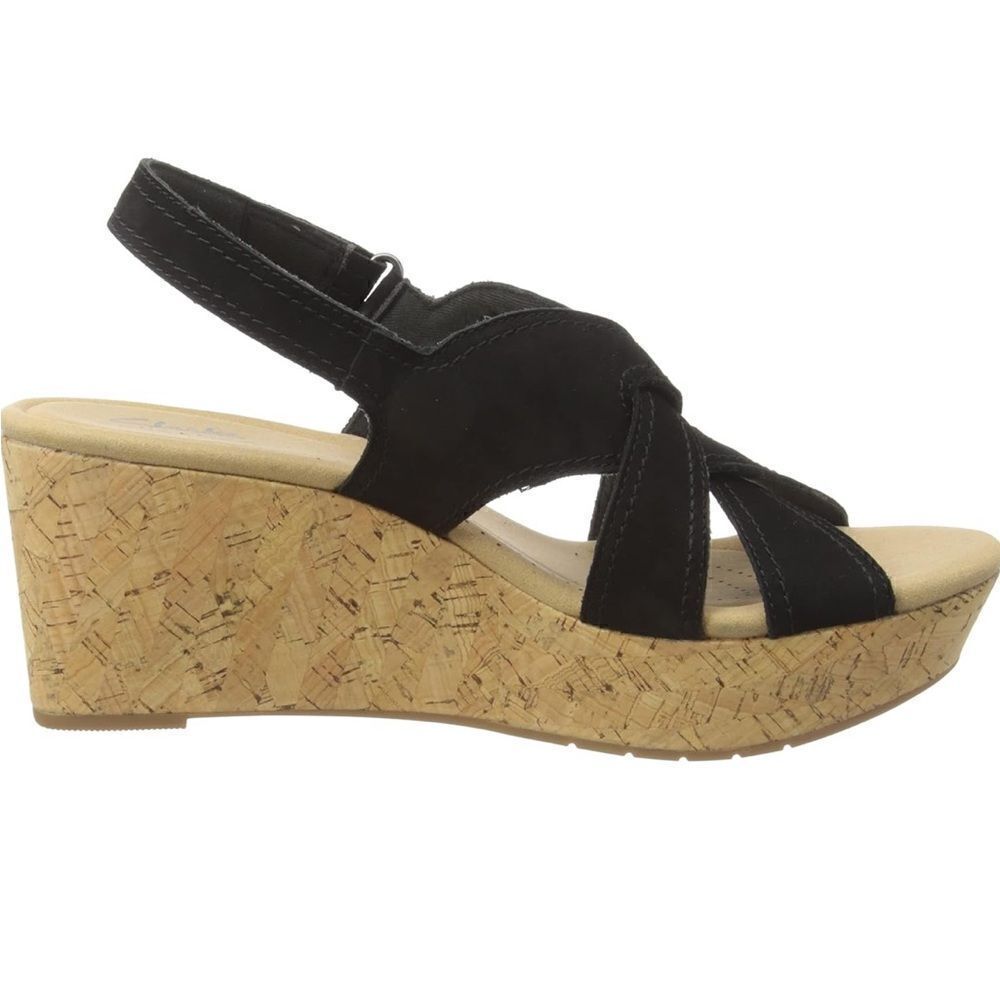 Clark’s Rose Erin Wedge Black Sandals Size 7.5 NWOB